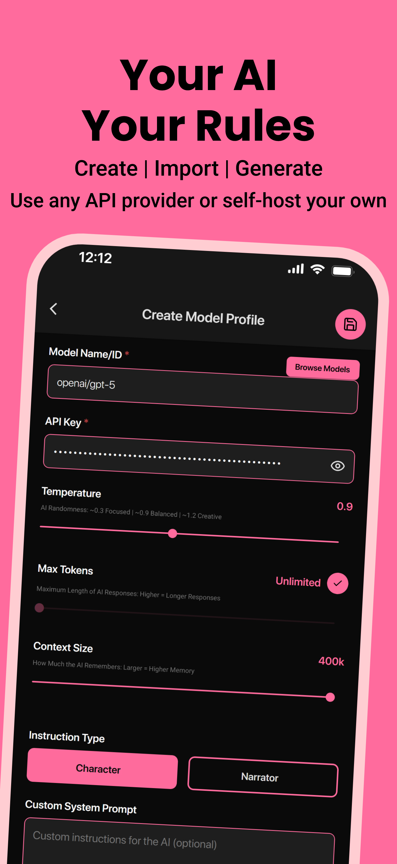 WryTour AI Model Profile settings interface showing API provider configuration and privacy options